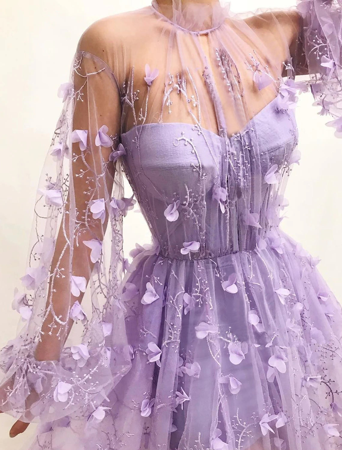 Vestidos de fiesta de corte A, vestido floral, para invitada de boda, largo hasta el suelo, manga larga, cuello en V, tul con apliques